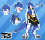  abs anthro bandai_namco black_claws blue_body bottomwear ceratopsian claws clothing digimon digimon_(species) dinosaur eyewear fan_character goggles kausgammamon male muscular muscular_anthro muscular_male ornithischian pecs reptile scalie shirtless shorts smile solo tattoorexy triceratops 