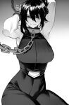  1girl armpits arms_up bangs bare_arms boku_no_hero_academia breasts chain collar commentary_request cuffs folded_ponytail gradient gradient_background greyscale hair_between_eyes highres korean_commentary large_breasts looking_at_viewer medium_hair metal_collar mole mole_under_mouth monochrome ratatatat74 shimura_nana shiny shiny_hair sidelocks sleeveless_bodysuit solo sweat toned tsurime v-shaped_eyebrows wavy_mouth 