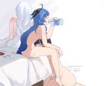  3girls after_sex ahoge bangs bed black_hair blue_hair blush bob_cut bottle braid braided_ponytail breasts closed_eyes condom condom_box diagonal_bangs drinking fff_threesome ganyu_(genshin_impact) genshin_impact goat_horns green_eyes group_sex hinagi_(fox_priest) holding holding_bottle horns implied_fellatio implied_futanari kneeling long_hair medium_breasts multiple_girls nude on_bed shenhe_(genshin_impact) simple_background sitting sitting_on_bed sweat sweating_profusely threesome used_condom white_background white_hair yelan_(genshin_impact) yuri 