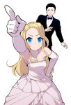  1boy 1girl black_hair blonde_hair blue_eyes bow bowtie dress elbow_gloves gigguk gloves highres husband_and_wife merryweather ore_no_imouto_ga_konna_ni_kawaii_wake_ga_nai parody pointing real_life strapless strapless_dress sweatdrop sydsnap tuxedo wedding wedding_dress white_background 