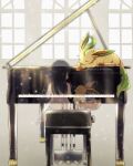  1girl absurdres closed_eyes commentary_request eevee fuyu_(utngrtn) highres indoors instrument leafeon lying on_stomach piano piano_bench pokemon pokemon_(creature) silhouette sleeping stool twitter_username watermark 