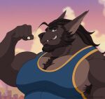  anthro beard biceps blue_eyes canid canine canis clothing ear_piercing facial_hair flexing greeneyedwolfking grin male mammal pecs piercing sebastian_roivas shirt smile solo tank_top topwear were werecanid werecanine werewolf wolf 