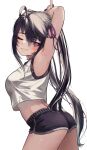  1girl ;) absurdres ahoge armpits arms_up ass bangs bare_arms black_hair black_shorts blush cowboy_shot from_side grin hair_between_eyes hair_ribbon highres leaning_forward long_hair looking_back micro_shorts one_eye_closed original priite_hari_(torriet) purple_eyes purple_ribbon ribbon shirt shorts simple_background sleeveless sleeveless_shirt smile solo torriet twintails very_long_hair white_background white_shirt 