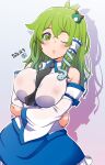  1girl black_necktie blush breasts cleavage collared_shirt dated detached_sleeves eyebrows_visible_through_hair frilled_skirt frills frog_hair_ornament green_eyes green_hair hair_ornament japanese_clothes kei_jiei kochiya_sanae large_breasts long_hair miko necktie nipples no_bra nontraditional_miko one_eye_closed shadow shirt simple_background skirt snake_hair_ornament solo touhou white_background white_shirt 