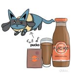  1:1 2022 ambiguous_gender beady_eyes beverage black_body black_fur blue_body blue_fur boke_(artist) bottle chest_spike container cup digital_drawing_(artwork) digital_media_(artwork) english_text feral feralized fur hand_spike lucario nintendo pok&eacute;mon pok&eacute;mon_(species) pucko_(drink) signature simple_background slightly_chubby solo spikes spikes_(anatomy) swedish_text tan_body tan_fur text translated video_games 