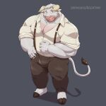  absurd_res anthro asterion_(minotaur_hotel) bovid bovine breasts bulge cleavage clothed clothing dress_pants dress_shirt european_mythology fur greek_mythology hi_res high-angle_view jumperbear looking_at_viewer male mammal minotaur minotaur_hotel muscular muscular_male mythology pecs rolled_up_sleeves shirt solo suspenders topwear white_body white_fur 