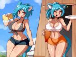  1girl :d animal_ears bikini blue_eyes breasts bucket cat_ears cat_girl cat_tail cleavage cowboy_shot day denim denim_shorts english_commentary fang front-tie_bikini front-tie_top grey_bikini highres holding holding_bucket holding_sponge hooters humanization large_breasts lucyfer midriff narrow_waist nicole_watterson orange_shorts outdoors red_eyes short_shorts shorts smile sponge swimsuit tail the_amazing_world_of_gumball 