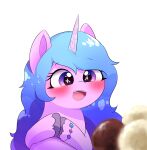  absurd_res blue_hair blush bodily_fluids bracelet dessert digital_media_(artwork) equid equine eyelashes female feral food hair happy hasbro hi_res hooves horn ice_cream izzy_moonbow_(mlp) jewelry leo19969525 long_hair mammal mlp_g5 my_little_pony open_mouth purple_body purple_eyes simple_background star_eyes sweat sweatdrop white_background 