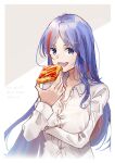  1girl alternate_costume blue_hair breasts dress_shirt eating food highres kantai_collection large_breasts long_hair looking_at_viewer multicolored_hair one-hour_drawing_challenge red_hair shirt solo south_dakota_(kancolle) streaked_hair toast u_yuz_xx upper_body 