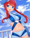  1girl :d arm_up banned_artist blue_eyes blue_gloves blue_jacket blue_shorts blush breasts clenched_hand cloud commentary_request cowboy_shot cropped_jacket day fence gloves highres jacket large_breasts looking_at_viewer midriff navel open_mouth outdoors pokemon pokemon_(game) pokemon_bw red_hair shiny shiny_skin short_hair_with_long_locks short_shorts shorts sidelocks sky skyla_(pokemon) smile solo takahara tongue turtleneck 