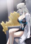 1girl absurdres bangs bare_shoulders blue_eyes braid breasts cleavage dress fate/grand_order fate_(series) freed_turing french_braid grey_hair highres large_breasts long_hair morgan_le_fay_(fate) sitting solo throne very_long_hair 