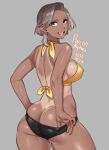 1girl agawa_ryou artist_name bare_shoulders bikini bikini_top_only black_panties breasts butt_crack comb_over contrapposto covered_nipples cowboy_shot dark-skinned_female dark_skin dated english_commentary from_behind gradient_hair grey_background grey_eyes grey_hair halterneck large_breasts looking_at_viewer looking_back median_furrow medium_hair multicolored_hair one-piece_tan open_mouth original panties panty_pull pulled_by_self sideboob signature simple_background skindentation smile solo swimsuit tan tanlines teeth thick_thighs thighs tongue underwear upper_teeth v-shaped_eyebrows yellow_bikini 