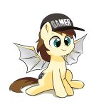  absurd_res bat_pony bat_wings brown_hair brown_tail clothing cutie_mark equid fan_character feral green_eyes hair happy hasbro hat headgear headwear hi_res leo19969525 male mammal membrane_(anatomy) membranous_wings my_little_pony simple_background sitting smile solo white_background wings yellow_body 
