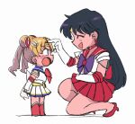  2girls bishoujo_senshi_sailor_moon blonde_hair bow bowtie closed_eyes multiple_girls open_mouth purple_bow purple_hair red_bow red_bowtie red_footwear red_skirt sailor_mars sailor_moon simple_background size_difference skirt tsubobot white_background 
