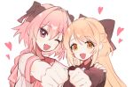  1boy 1girl astolfo_(fate) blonde_hair bow braid crossdressing facing_viewer fang fate_(series) hair_bow heart highres koyashaka liss_meier_(koyashaka) long_hair looking_at_viewer multicolored_hair one_eye_closed open_mouth original pink_hair purple_eyes white_background white_hair yellow_eyes 