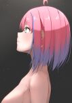  1girl ahoge bangs breasts closed_mouth completely_nude earrings eyebrows_visible_through_hair from_side gradient_hair green_eyes highres himemori_luna hololive jewelry light_particles medium_breasts multicolored_hair neko_usagi_(nekousagi_jpn) nude out-of-frame_censoring pink_hair profile purple_hair short_hair solo upper_body virtual_youtuber 