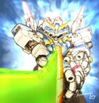  glowing glowing_eyes highres holding holding_sword holding_weapon mecha no_humans open_hand science_fiction solo srx super_robot super_robot_wars super_robot_wars_original_generation sword weapon yellow_eyes yuzupapa 