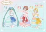  3girls :d absurdres aqua_eyes aqua_hair bare_shoulders blonde_hair brown_eyes brown_hair character_sheet dress flower hand_up hatsune_miku highres kagamine_rin meiko multiple_girls off-shoulder_dress off_shoulder project_sekai rose short_hair smile twintails vocaloid vs0mr 