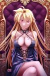  1girl blonde_hair breasts cleavage closed_mouth commentary_request crossed_legs dress fate_testarossa large_breasts long_hair looking_at_viewer lyrical_nanoha mahou_shoujo_lyrical_nanoha red_eyes sitting smile solo sougetsu_izuki very_long_hair 