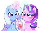  absurd_res beverage blue_body blue_hair blush container cup drinking duo equid equine eyelashes female feral friendship_is_magic glowing glowing_horn hair hasbro hi_res horn inner_ear_fluff leo19969525 looking_down magic mammal my_little_pony pink_body purple_eyes purple_hair simple_background starlight_glimmer_(mlp) trixie_(mlp) tuft unicorn white_background 