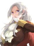  1girl blood blood_from_mouth blue_eyes brown_jacket edelgard_von_hresvelg fire_emblem fire_emblem:_three_houses garreg_mach_monastery_uniform gloves jacket long_hair long_sleeves looking_at_viewer robaco shiny shiny_hair simple_background solo upper_body white_background white_gloves white_hair 
