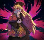 1girl angry arm_under_breasts black_dress blonde_hair breasts chinese_clothes dress from_below frown glaring hat highres junko_(touhou) large_breasts long_hair long_sleeves nail_polish red_eyes red_nails revenge_(vengerezn) shaded_face solo tabard touhou very_long_hair wide_sleeves 