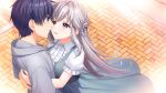  1boy 1girl :d alpha_(yukai_na_nakamatachi) blue_eyes blue_hair closed_mouth collared_shirt couple day dress dress_shirt eye_contact floating_hair game_cg grey_dress grey_sweater hetero hood hood_down hooded_sweater hug imminent_kiss long_dress long_hair looking_at_another non-web_source outdoors pinafore_dress pink_eyes shiny shiny_hair shirt short_hair short_sleeves sleeveless sleeveless_dress smile sousaku_kanojo_no_renai_koushiki sweater very_long_hair white_hair white_shirt wing_collar yukisaki_erika 