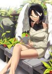  1girl black_hair book crossed_legs flower glasses highres noeru original plant rock short_hair wings yellow_eyes 