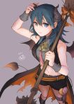  1girl adapted_costume arm_up bangs black_shorts blue_eyes blue_hair bow broom byleth_(fire_emblem) byleth_(fire_emblem)_(female) closed_mouth collarbone crop_top fire_emblem fire_emblem:_three_houses fire_emblem_heroes grey_background hair_between_eyes halloween halloween_costume holding holding_broom horns long_hair midriff navel orange_bow pantyhose robaco shiny shiny_hair short_shorts shorts sketch smile solo standing stomach twitter_username 