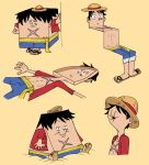  1boy black_hair cross_scar hat highres jacket monkey_d._luffy multiple_views one_piece parody red_jacket sandals scar scar_on_cheek scar_on_chest scar_on_face scoobandshag simple_background sitting straw_hat tom_(tom_and_jerry) tom_and_jerry yellow_background 