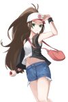  1girl 26th armpits bag bare_arms bare_legs black_vest blue_shorts brown_hair closed_mouth denim denim_shorts green_eyes handbag hat high_ponytail highres hilda_(pokemon) holding holding_poke_ball long_hair looking_at_viewer midriff navel open_clothes open_vest poke_ball pokemon pokemon_(game) pokemon_bw shiny shiny_hair shirt short_shorts shorts simple_background sleeveless sleeveless_shirt smile solo standing stomach torn_clothes torn_shorts very_long_hair vest white_background white_headwear white_shirt wristband 