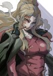  1girl balalaika_(black_lagoon) black_lagoon blonde_hair breasts burn_scar cigar cleavage coat coat_on_shoulders eyebrows_visible_through_hair eyelashes fingernails green_coat grin hand_on_hip highres long_eyelashes long_fingernails long_hair looking_at_viewer mitogawawataru mouth_hold open_clothes open_coat parted_lips ponytail purple_eyes red_lips red_nails scar scar_on_face signature smile smoke smoking solo teeth_hold very_long_fingernails 