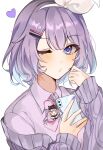  1girl bangs bibi_(tokoyami_towa) blue_eyes blue_hair cardigan cellphone closed_mouth collarbone colored_inner_hair eyebrows_visible_through_hair hailiu hair_ornament hairclip heart highres holding holding_phone hololive looking_at_viewer multicolored_hair nijisanji nijisanji_kr nun_bora one_eye_closed phone purple_cardigan purple_hair purple_nails school_uniform short_hair simple_background smartphone solo tokoyami_towa two-tone_hair upper_body virtual_youtuber white_background 