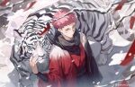  1boy alternate_costume facial_mark highres itadori_yuuji japanese_clothes jujutsu_kaisen kimono long_sleeves looking_at_viewer male_focus open_clothes open_kimono outdoors pink_hair red_kimono snow snowing tiger white_tiger xiaojiaju yellow_eyes 