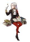  1girl black_jacket black_shorts book book_on_lap book_stack braid closed_mouth edelgard_von_hresvelg fire_emblem fire_emblem:_three_houses flower french_braid full_body garreg_mach_monastery_uniform grey_eyes hair_ribbon high_heels holding holding_flower invisible_chair jacket long_hair long_sleeves pantyhose purple_ribbon red_legwear ribbon robaco shiny shiny_hair short_shorts shorts simple_background sitting solo very_long_hair white_background white_hair 