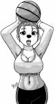  aaronhibiki alternate_hairstyle anthro basketball beauty_mark big_breasts bra breasts canid canine canis cleavage clothed clothing curvy_figure disney domestic_dog female goof_troop hi_res huge_breasts mammal midriff monochrome navel roxanne_(goof_troop) small_waist solo sports_bra sportswear tight_clothing underwear wide_hips wristband 