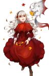  1girl :d bangs black_hairband brown_footwear character_request corrin_(fire_emblem) corrin_(fire_emblem)_(female) dress eyebrows_visible_through_hair fire_emblem fire_emblem_fates floating_hair hair_between_eyes hairband long_dress long_hair long_sleeves looking_up open_mouth red_dress red_eyes robaco shiny shiny_hair smile solo standing very_long_hair white_background white_hair 