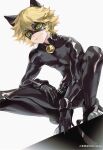  1boy adrien_agreste animal_ears bell belt black_bodysuit black_gloves black_mask blonde_hair bodysuit cat_boy cat_ears catsuit chat_noir colored_sclera domino_mask gloves green_eyes green_sclera highres leather_suit long_sleeves looking_at_viewer male_focus mask miraculous_ladybug skin_tight smile superhero xiaojiaju 