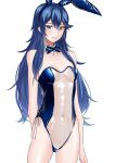  1girl alternate_costume ameno_(a_meno0) animal_ears bare_shoulders blue_eyes blue_hair blush bow bowtie collar detached_collar fire_emblem fire_emblem_awakening long_hair looking_at_viewer lucina_(fire_emblem) navel playboy_bunny rabbit_ears see-through simple_background solo symbol-shaped_pupils very_long_hair white_background 