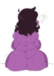  2022 anthro black_hair bodily_fluids breasts butt deltarune dinosaur female hair hi_res mhdrawin nude purple_body question_mark rear_view reptile scalie side_boob simple_background sitting slightly_chubby solo speech_bubble susie_(deltarune) sweat undertale_(series) video_games white_background 