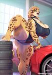  anthro big_breasts breasts car cleavage clothed clothing felid female fur huge_breasts licking licking_lips mammal pantheradraws pantherine raised_leg solo spots spotted_body spotted_fur thick_thighs tongue tongue_out vehicle 