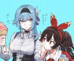  2girls alternate_costume alternate_hairstyle amber_(genshin_impact) annoyed aqua_background backpack bag black_choker black_hairband blue_bag blue_hair breasts brown_hair choker closed_mouth collared_shirt commentary eula_(genshin_impact) food genshin_impact hair_between_eyes hair_ornament hair_ribbon hairband hand_on_another&#039;s_cheek hand_on_another&#039;s_face hands_up highres holding holding_food ice_cream ice_cream_cone jun_(seojh1029) long_hair long_sleeves looking_at_another looking_to_the_side medium_breasts multiple_girls open_collar parted_lips partially_unbuttoned ponytail pushing_away pushing_face red_eyes red_ribbon red_sweater ribbon shirt simple_background sweater translation_request upper_body white_shirt wing_collar yellow_eyes 