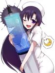 13-gou 1girl breasts crescent_moon dress goshiki_agiri hat kill_me_baby long_hair looking_at_viewer moon nurse nurse_cap one_eye_closed open_mouth purple_eyes purple_hair simple_background smile solo syringe white_background 
