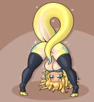  &lt;3 ampere_(character) anthro ass_up big_breasts blonde_hair bodily_fluids breasts censored_pussy clothing convenient_censorship downward_dog dragon female green_eyes hair hi_res legwear limebreaker looking_at_viewer simple_background solo stockings sweat tan_body topwear under_boob yellow_body 