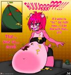  2018 absurd_res anthro belly big_belly bottomwear bowl breasts burping clothing comic container deep_navel english_text female fur hair hand_on_stomach hi_res mammal multicolored_body multicolored_fur navel obese open_mouth overweight pink_hair raspberry_(viroveteruscy) red_eyes solo sound_effects stuffing text topwear two_tone_body two_tone_fur ursid viroveteruscy warning_cream_filled 