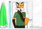  2022 alexander_(fuchsicus) anthro bathroom canid canine clothed clothing fox fuchsicus half-length_portrait hi_res male mammal mirror portrait reflection smile solo standing 