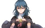  1girl bangs blue_eyes blue_hair breasts byleth_(fire_emblem) byleth_(fire_emblem)_(female) cape closed_mouth fire_emblem fire_emblem:_three_houses grey_cape hair_between_eyes long_hair looking_at_viewer medium_breasts robaco short_sleeves simple_background smile solo straight_hair upper_body white_background 
