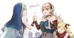  2boys 3girls :d ^_^ azura_(fire_emblem) bangs black_collar black_hairband black_ribbon black_sleeves blonde_hair blue_hair blue_headwear closed_eyes collar corrin_(fire_emblem) corrin_(fire_emblem)_(female) detached_sleeves elise_(fire_emblem) eye_contact eyebrows_visible_through_hair fire_emblem fire_emblem_fates fire_emblem_heroes floating_hair hair_between_eyes hair_ribbon hairband holding_hands long_hair long_sleeves looking_at_another multiple_boys multiple_girls ninja official_alternate_costume open_mouth pointy_ears red_eyes red_ribbon ribbon ribbon-trimmed_sleeves ribbon_trim robaco ryoma_(fire_emblem) shiny shiny_hair smile veil white_background white_hair xander_(fire_emblem) yellow_eyes 