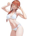  1girl absurdres bangs bare_arms bikini blush braid braided_ponytail breasts cleavage collarbone cowboy_shot grin hair_over_shoulder highres long_hair looking_at_viewer low_ponytail medium_breasts navel original ponytail red_hair shiny shiny_hair simple_background smile solo standing swimsuit toweek_(wwz-0v0) white_background white_bikini yellow_eyes 