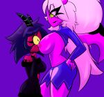  absurd_res black_hair breasts clothed clothing demon duo female female/female hair helluva_boss hi_res horn humanoid imp lipstick makeup millie_(helluva_boss) nipples partially_clothed pink_body pink_hair red_body simple_background succubus verosika_mayday_(helluva_boss) yanehe 